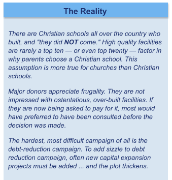 The Reality  There are Christian schools all over the country who built, and "they did NOT come." High quality facilities are rarely a top ten — or even top twenty — factor in why parents choose a Christian school. This assumption is more true for churches than Christian schools. 	 Major donors appreciate frugality. They are not impressed with ostentatious, over-built facilities. If they are now being asked to pay for it, most would have preferred to have been consulted before the decision was made.	 The hardest, most difficult campaign of all is the debt-reduction campaign. To add sizzle to debt reduction campaign, often new capital expansion projects must be added ... and the plot thickens.